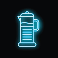 Bright blue neon sign of a french press coffee maker on a black background