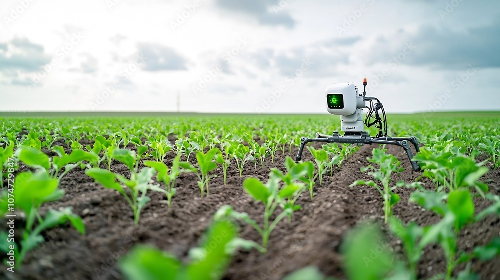Poster Futuristic Agricultural Robot Working in a Smart Farm Using Advanced Sensors to Monitor and Optimize Plant Health Representing the Innovative Future of Precision Farming Technology