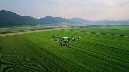 Obraz premium Drone Surveying Smart Farm Landscape for Efficient Crop Management Showcasing Modern Agricultural Technology and Data Driven Optimization