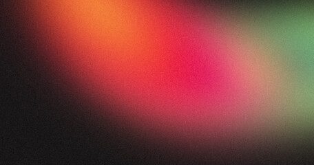 Abstract colorful grainy gradient on black backdrop design. Orange magenta green black color on dark noisy, vibrant color flow, glowing, shine, bright, noise texture, banner or poster.