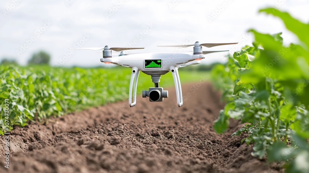 Poster Precision Agriculture Scene with Smart Farm Monitoring Drone Surveying Field and Soil Conditions for Advanced Crop Management and Optimization