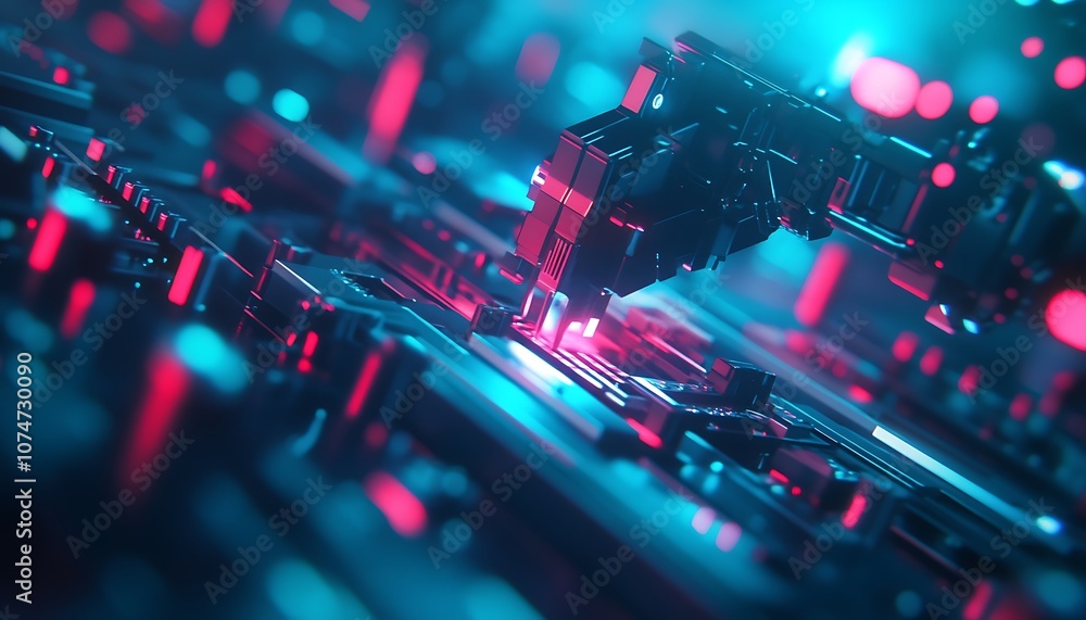 Poster a futuristic circuit board with vibrant blue and pink lights, featuring a mechanical arm interacting