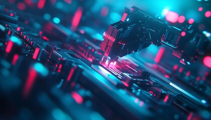 A futuristic circuit board with vibrant blue and pink lights, featuring a mechanical arm interacting with its surface.