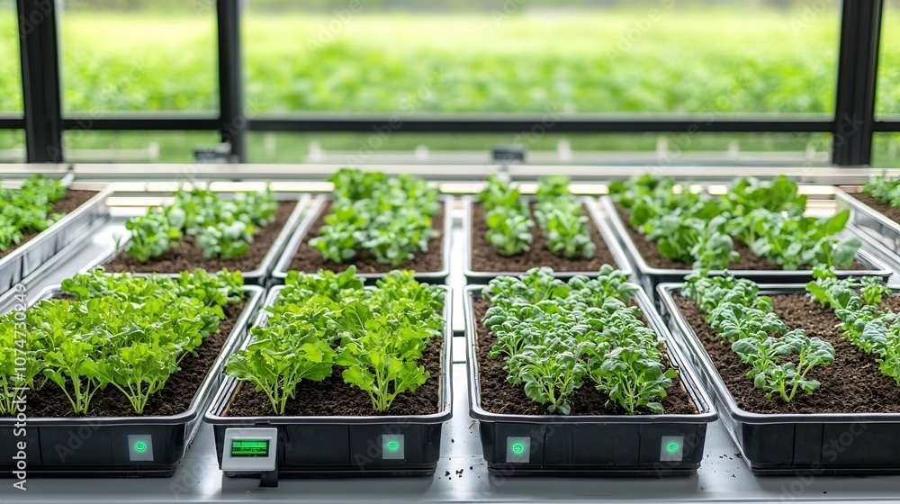 Poster Futuristic high tech farm with advanced automated systems precision sensors and data driven optimization for enhanced crop health productivity and environmental sustainability