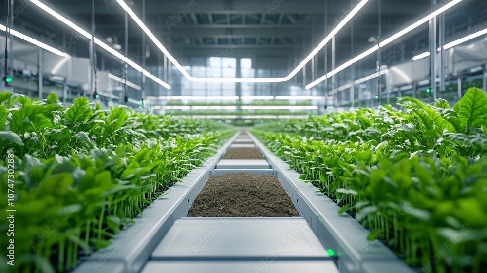 Poster Advanced agricultural technology with automated systems and sensors to monitor soil irrigation and optimize crop health and productivity on a modern sustainable farm