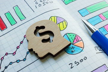 Outline of a head with a dollar sign and financial graphs.