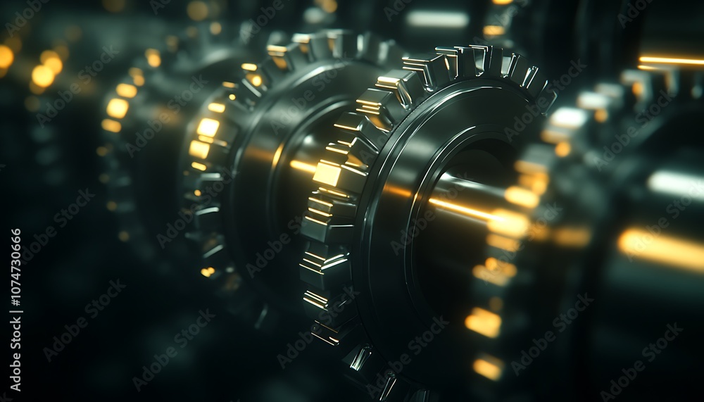 Leinwandbilder A close-up view of interlocking gears illuminated with a soft glow, showcasing intricate details and metallic finishes.