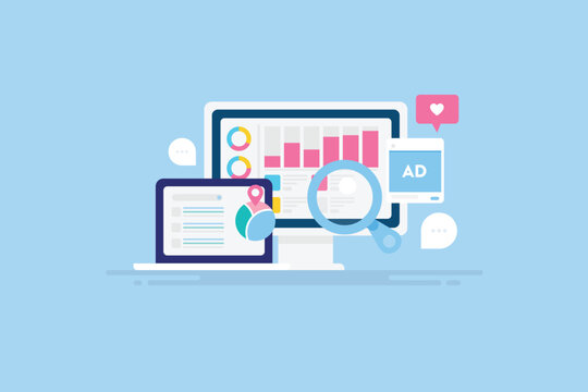 Digital marketing analytics report display search engine ranking, PPC and display ad performance data, social media insights on computer screen, vector illustration.