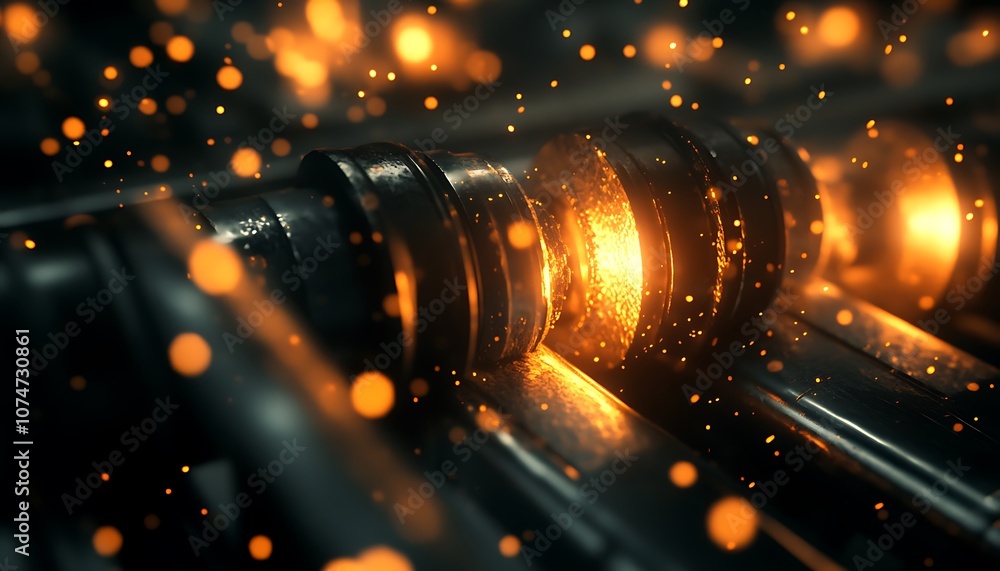 Aufkleber a close-up view of metallic cylinders glowing with orange light, surrounded by shimmering particles,
