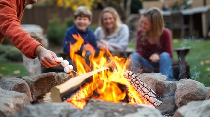 Family enjoying a cozy evening by the outdoor fire pit, roasting marshmallows and sharing laughter in autumn’s warmth