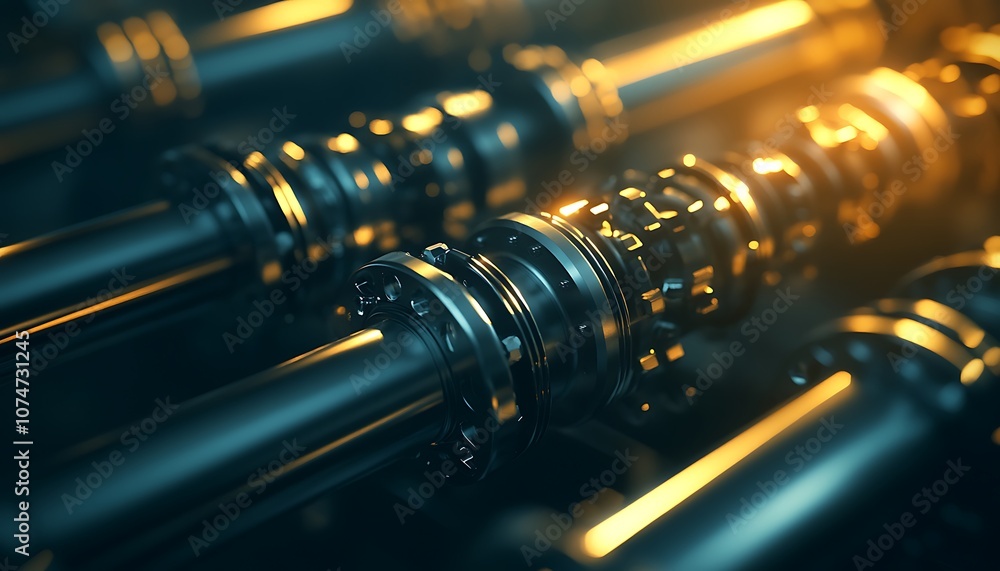 Poster A close-up view of metallic components featuring intricate details and reflective surfaces, illuminated by warm light, suggesting advanced machinery or engineering.