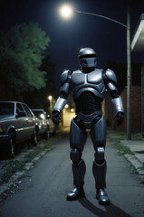 A silver robot standing in a dimly lit alley at night near parked cars