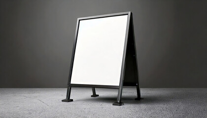 3d mockup of blank stand white board with easel leg. whiteboard with black metal frame template isolated on gray background