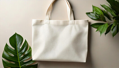 3d mockup of blank fabric white bag with handle for shopping, of blank canvas packets with copy space, textile reusable Eco bag, decorated with green leave for product design advertisement