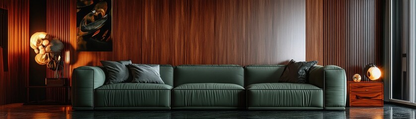 Luxurious Modern Living Room with a Stylish Green Sofa Against a Rich Wooden Wall Featuring Dramatic Lighting and Elegant Decor Elements