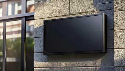 3d mockup of blank black rectangle office name sign on the brick wall outdoor the company building. sign board with black metal frame template