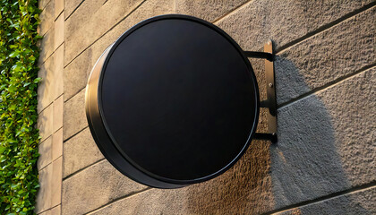 3d mockup of blank black round company nameplate, signboard  protrudes from the side of a building office brick wall outdoor. sign board with black metal frame template