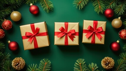 A festive arrangement of beautifully wrapped gift boxes, adorned with red ribbons, surrounded by Christmas ornaments and pine branches, creating a warm holiday atmosphere