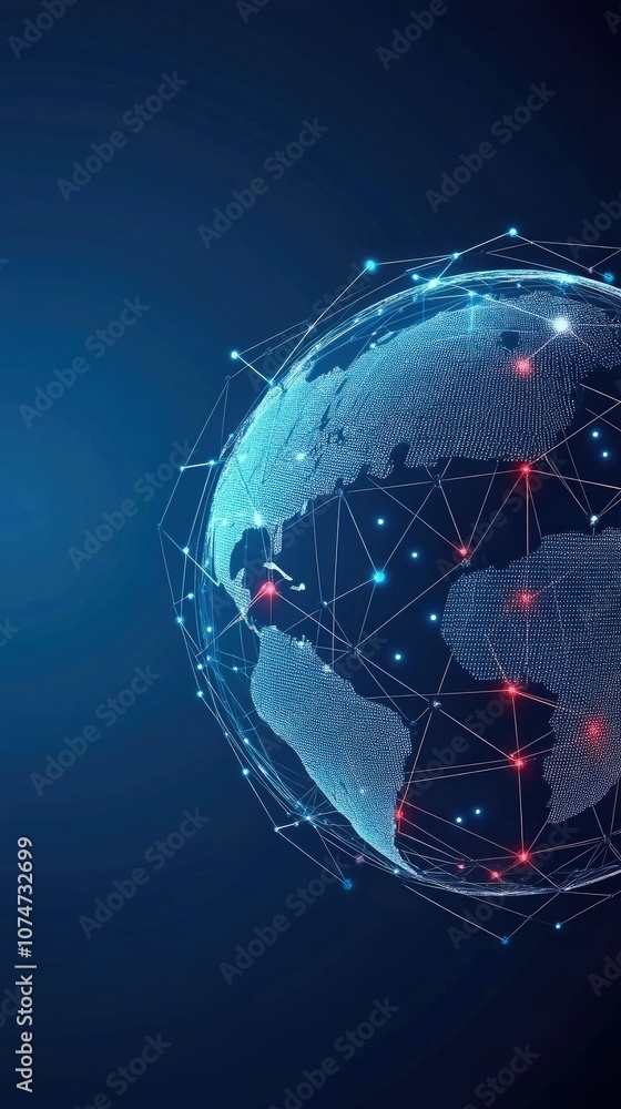 Poster dynamic abstract background featuring a globe with digital lines in blue, red, and black for technol