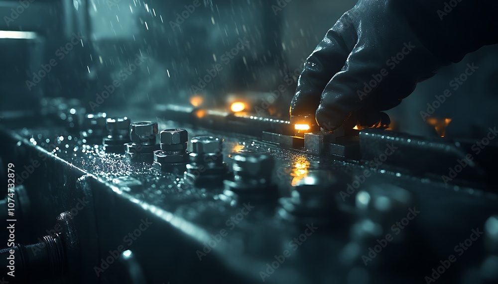Aufkleber a hand adjusts a control panel covered in water droplets, illuminated by soft lights, creating a moo
