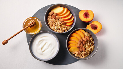 Fototapeta premium Yogurt bowls with granola, peaches, almonds, and honey on white background.