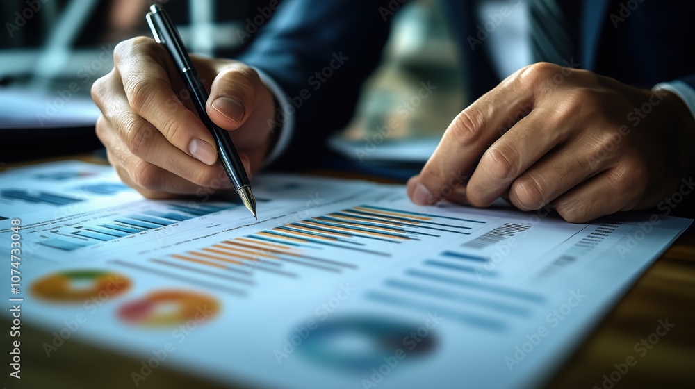 Poster business professional analyzing financial report data. close-up of hands holding a pen and reviewing