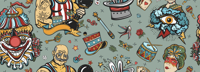 Circus. Traditional tattooing background. Clown, strong man with dumbbells, fortune teller woman, magic trick, rabbit in a magician hat. Old school tattoo seamless pattern