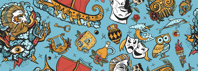 Obraz premium Ancient Greece. Seamless pattern. Old school tattoo style. Historical myths heroes and legends background. Athena and Zeus, greek olympic gods. Owl, head statue, old boat, golden fleece