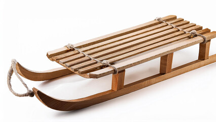 Wooden sled with metal runners, perfect for winter sports, on a white background. PNG transparent.