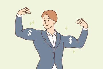 Rich business man shows big biceps with dollar symbols, and smiles, rejoicing at accumulated capital