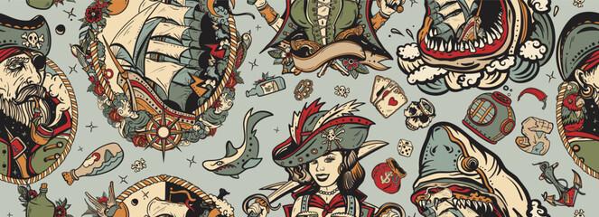 Pirates. Seamless pattern. Shark, captain, parrot, ship in storm, girl filibuster, compass, anchor, treasure island, swallows. Sea adventure background. Traditional tattooing style