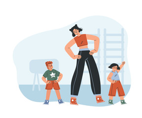 Preschool Kids with Woman Kindergarten Teacher Physical Exercise Vector Illustration