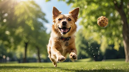 Playful dog performing tricks in a sunny park, joyfully catching treats mid-air, with a lush green landscape and playful