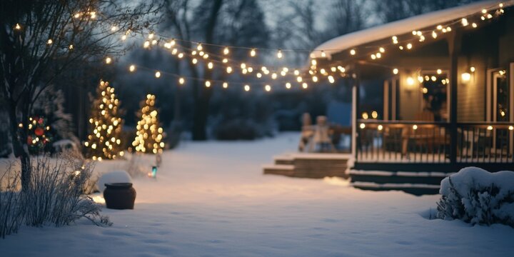 Medium shot of a backyard decorated with holiday-themed string lights, casting a warm glow on the snowy landscape.