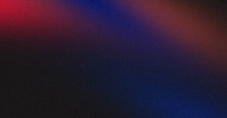 Abstract colorful grainy gradient on black backdrop design. Blue red orange black color on dark noisy, vibrant color flow, glowing, shine, bright, noise texture, banner or poster.