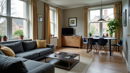 Fototapeta premium This living space features a stylish gray sofa, natural light pouring through large windows, and a dining table set for a casual meal, accented by indoor plants