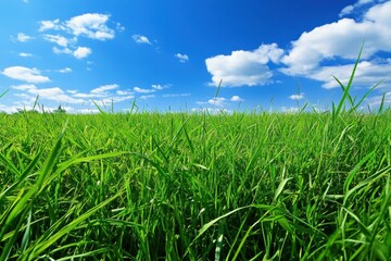 Obraz premium Vibrant green grass field under clear blue sky, providing a refreshing and lively background for nature-inspired artworks and outdoor themes