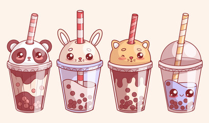 Cute animals glass drink of Bubble Tea. Isolated funny cartoon kawaii character panda, rabbit and cat with straw. Vector illustration. Kids collection