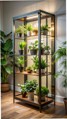 Modern Plant Shelf Display in Metal Frame with Potted Houseplants Under Soft Lighting, Ideal for Urban Indoor Plant Styling