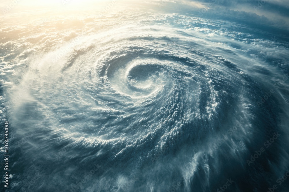 Aufkleber Dark clouds swirl dramatically as a powerful hurricane develops in the vast ocean, showcasing intense weather activity at dawn. Generative AI