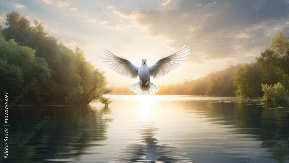 Poster serene scene of a white dove soaring above a tranquil lake at dawn, with soft rays of sunlight filte