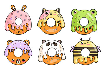 Cute donuts cartoon kawaii character collection. Funny frog, rabbit, cat, bear, bee and panda with drops icing. isolated sweet food. Vector illustration. Kids collection © Ludmila