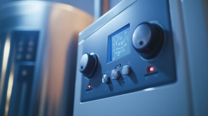 A close-up shot of the water heater's control panel, capturing the details and any labels, with the surrounding area softly blurred.