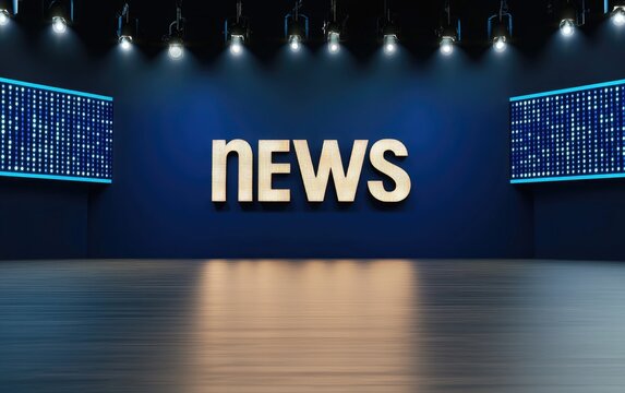 Modern virtual TV studio backdrop featuring large LED screens and elegant blue and black design for news presentations