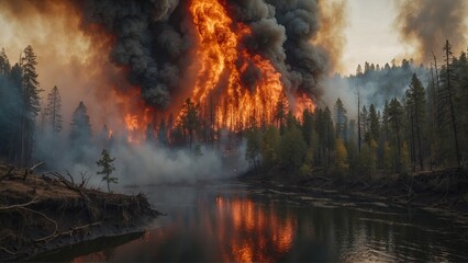 Large wildfire engulfs forest along a river at sunset, creating dramatic smoke and flames