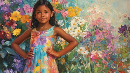 A young girl stands with one hand on her hip, tilting slightly forward, wearing a colorful summer dress, set against a backdrop of blooming flowers.