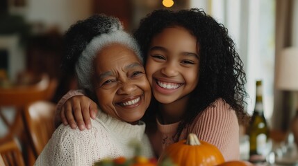 A joyful grandmother and granddaughter share a warm embrace at a cozy autumn gathering surrounded by pumpkins and festive decorations