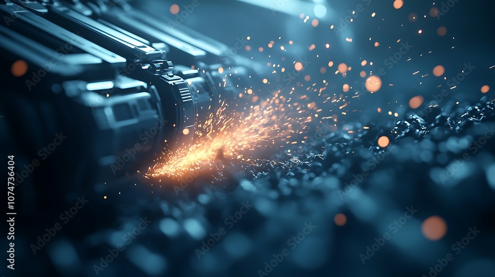 Poster A close-up view of a metallic surface with sparks flying, creating a dynamic, high-tech atmosphere.