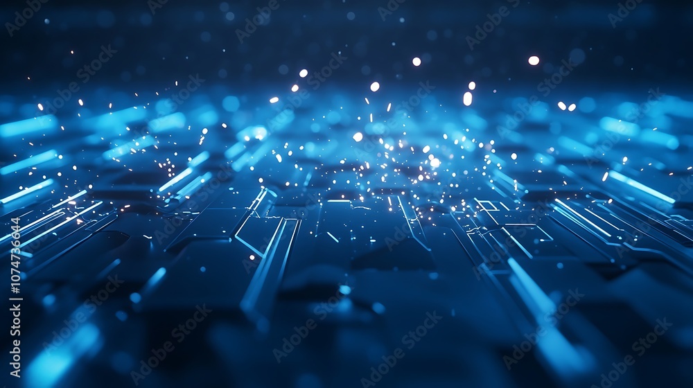 Poster A close-up of a futuristic digital landscape with glowing blue particles and circuits, illustrating advanced technology and data flow.