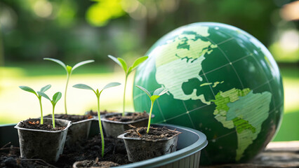 A small green ball sits next to a tray of young seedlings sprouting from the soil. The image symbolizes the growth, sustainability and interconnectedness of our planet. Focus concept